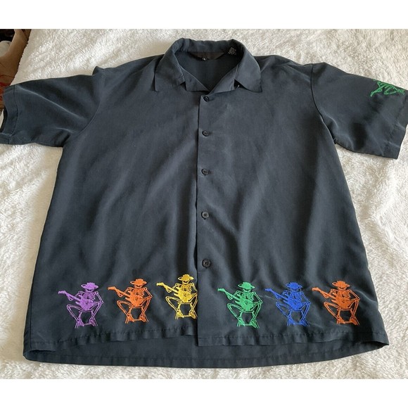 Bare Bones Guitar Day Of The Dead Skeletons Short Sleeve Button Down Shirt Lg￼🎸 - Picture 3 of 9
